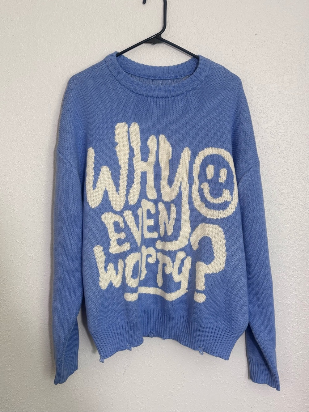 PacSun Light Blue 'Why Even Worry?' Graphic Crewneck Sweater